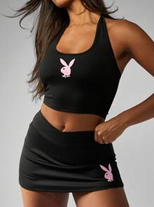 Missguided x Playboy High Performance Athletic Halter Crop Top Mini Skort Set Workout Dance Studio Casual Summer Activity Two Piece Active Wear - Black - View 1