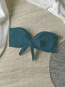 Swim Vcay Springbreak Women's Summer Solid Color Metallic Decor Sexy Bandeau Bikini Top - Dark Green - View 2