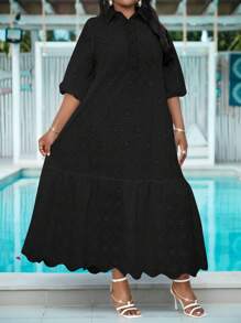 SHEIN Lady Plus Size Women Floral Embroidery Ruffle Hem Casual Vacation Dress,Summer Dresses For Women - Black - View 4