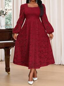 SHEIN Lady 大码优雅派对纯色纹理喇叭袖鱼尾连衣裙新年假期服装优雅派对粉色情人节正式女士连衣裙蕾丝连衣裙粉色女士连衣裙夏季女士连衣裙 - 酒紅色 - 查看 5