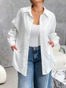 SHEIN Essnce Camisa básica de manga larga con botones, blusa suelta y casual para mujer de talla grande, estilo "old money", para trabajo, otoño, con abertura lateral alta, camisa blanca básica de manga larga, para homecoming, atuendos de aeropuerto