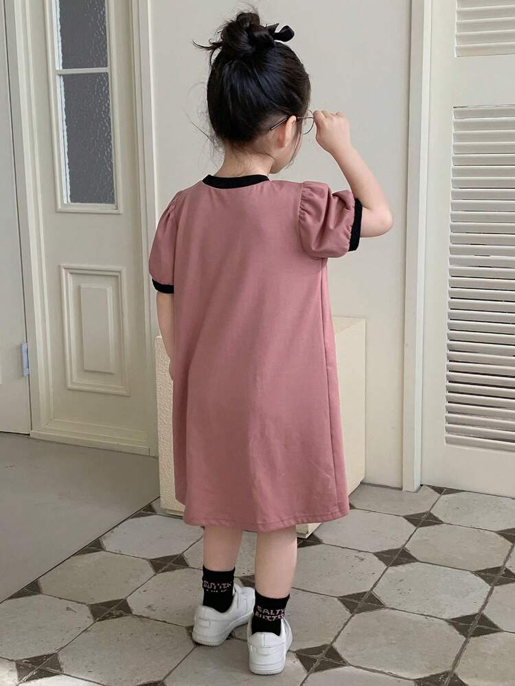 Young Girl Summer Letter Print Round Neck Short Puff Sleeve Casual Dress