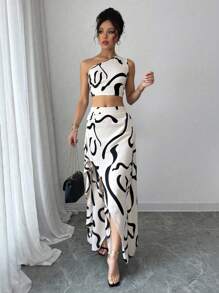 Chiquease Striped One Shoulder Top And Split Hem Skirt Set - Multicolor - View 3