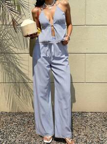 Vivid Eden 2 件套女士露背条纹上衣和裤子，夏季时尚 - 藍色 - 查看 8