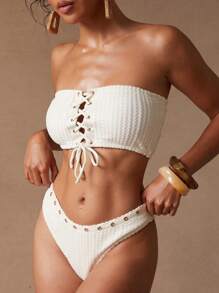 NYA SZN Women Solid Color Lace Up Bandeau Bikini Top For Summer Beach Vacation - Apricot - View 5