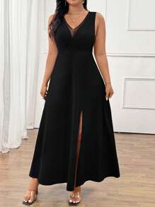 Cravure Plus Size Black Sleeveless V-Neck Maxi Dress With Hollow Design, Simple Elegant Office/Party Wear, Versatile & Comfortable, Spring/Summer/Autumn - Black - View 4
