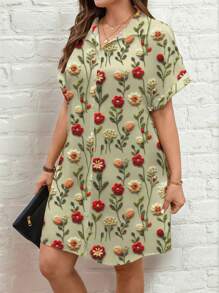 SHEIN LUNE 大码女式超长衬衫裙，带 3D 数码花卉印花 - 卷起袖子修身设计（非刺绣）