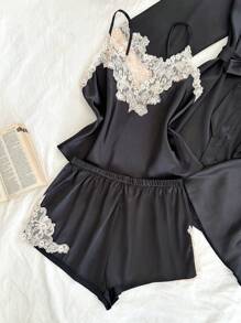 SHEIN 4pcs Set: Color Blocking Ruffled Trim Black Satin Camisole, Shorts, Skirt, And Robe - Black - View 4