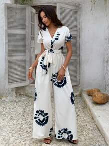 DAZY Women's Summer Tie-Dye Print Surplice Neck Belted Wide Leg Jumpsuit For Women Lounge Sets For Women - White - View 4