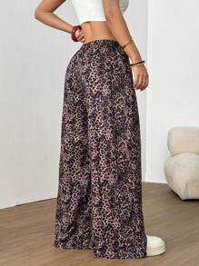SHEIN EZwear Women's Leopard Print Drawstring Waist Wide Leg Loose Long Pants,Cargo Pants - Multicolor - View 2
