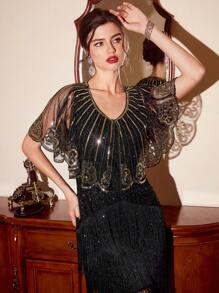 Vintamour Vintage 1pc Women Sequin Contrast Mesh Splice Top 1920s Party Cloak With Sequin Embroidery , Summer - Black and Gold - View 3