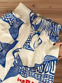 Breezaya 女士休闲度假浅米色打底大鱼复古印花腰带设计阔腿裤，春夏 - 杏色 - 查看 6