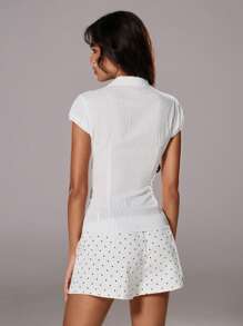 TRNVIE Summer White Textured Collared Slim-Fit Office Lady Vertical Striped Short Sleeve Shirt - White - View 2