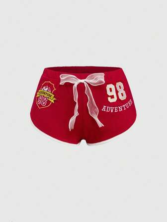 ROMWE Avant Damen Retro Sport Stil numerisch & Buchstaben Stickerei Farbblock Schleife Mini-Shorts, sexy tiefer Bund