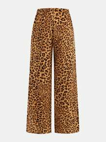SHEIN Conjunto informal de niña preadolescente con camiseta de cuello redondo de manga corta en unicolor y pantalones anchos con estampado de leopardo