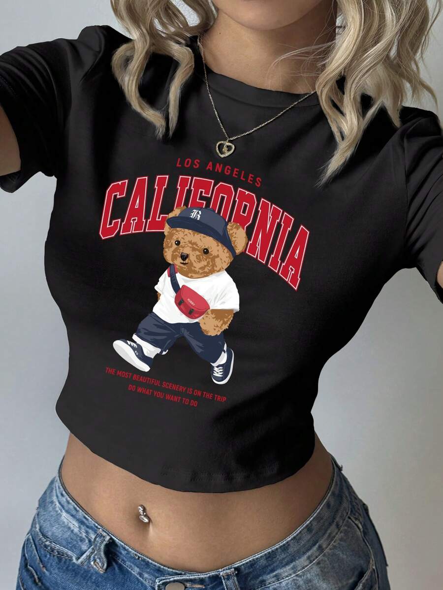 SHEIN EZwear Casual Minimalist California University Bear Graphic Round Neck Short Sleeve Crop Tight Fit T-Shirt For Women, Suitable For Summer Suitable For Going Out - Black - View 1