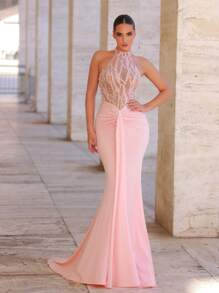 Glamrae 优雅奢华粉色手工刺绣珍珠领性感透明荷叶边鱼尾裙配腰带，适合女士正式晚礼服、派对礼服，适合婚礼宾客 - 粉色 - 查看 3