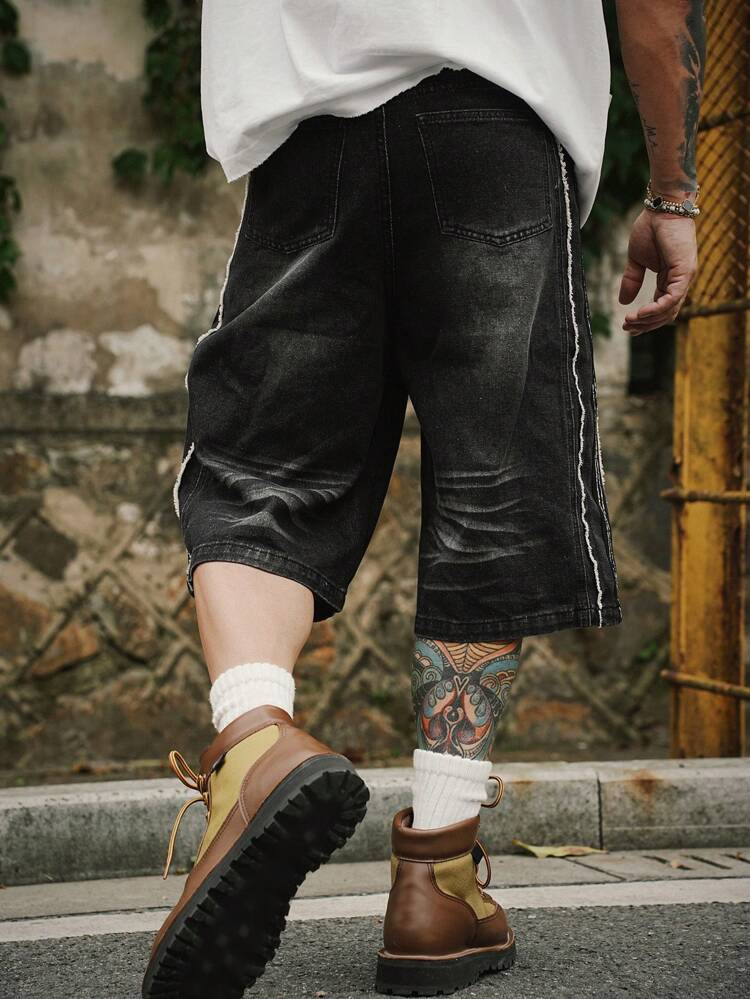 Men's Patchwork Black Denim Shorts, Summer