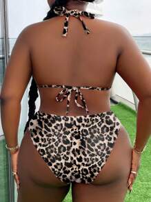 Slaydiva 2件套加大码女式豹纹吊带三点式比基尼泳装