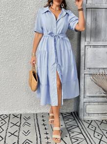 SHEIN PETITE Elegant Striped Print Short Sleeve Long Dress For Plus Size Women Summer Women Clothes  Curve Plus   Vacation Women Clothes   Shein Curve - Blue and White - View 4