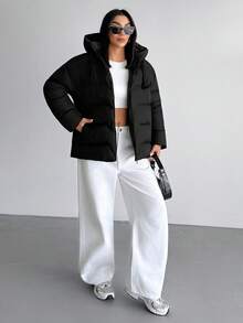 EURMUSE Casual Style, Keep Warm Feature Waterproof Long Line Patch Pocket Detailed Padded Coat - Black - View 6