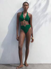 Maija Women's Solid Color Circular Ring Decor Hollow Sexy One-Piece,High Waisted Bathing Suit, Old Money - Green - View 2