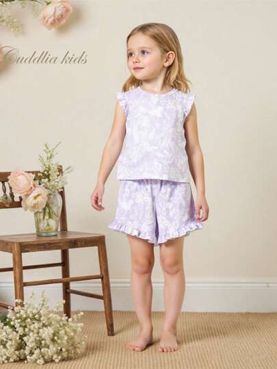 2pcs Young Girl Flame Resistant Purple Fashionable Ruffle Sleeveless Top And Shorts 2 Pieces Pajama Set Young Girls Clothing Spring Young Girls Clothing Cute Young Girls Clothes Young Girls Boutique Sets
