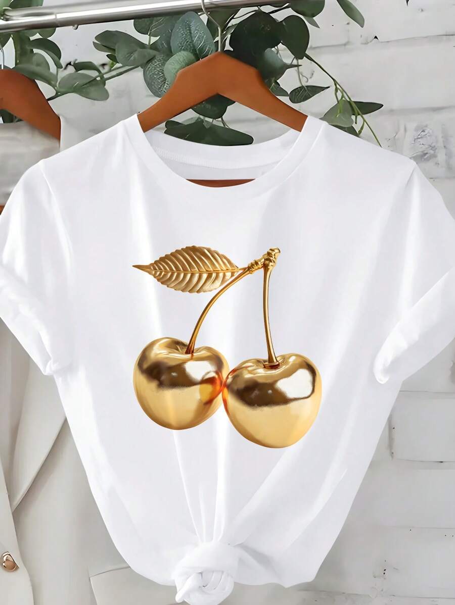 SHEIN EZwear 加大码白色图案短袖T恤，可爱夏季上衣，街头风格，度假氛围