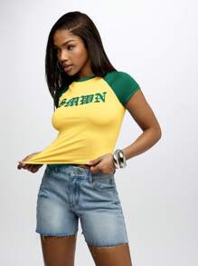 SUMWON WOMEN Áo thun thể thao trẻ em Retro Sport Crop Top bó sát tay Raglan cổ điển mùa hè mùa xuân trang phục thường ngày phong cách sống - Màu vàng - Xem 1
