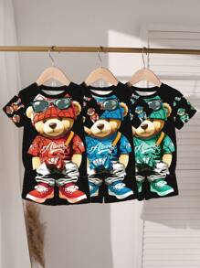 Ensemble 2 pièces t-shirt à manches courtes et shorts, imprimé ourson de bande dessinée pour jeune garçon, été - Noir - Voir 1