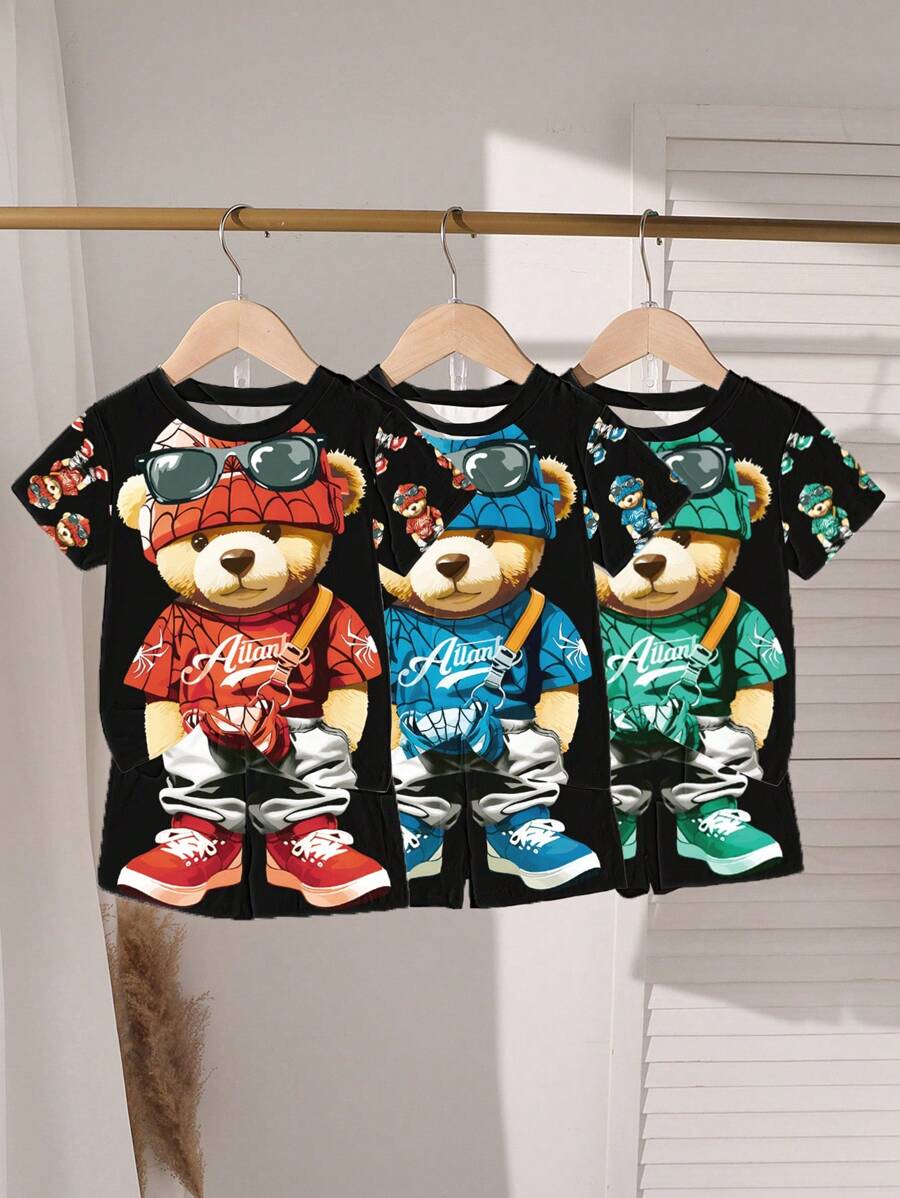 Ensemble 2 pièces t-shirt à manches courtes et shorts, imprimé ourson de bande dessinée pour jeune garçon, été - Noir - Voir 1