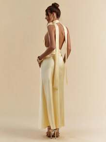 SHEIN BAE 纯色性感深V领露背高开衩缎面长裙，黄色连衣裙，适合度假、早午餐、生日、婚礼宾客服装、伴娘礼服，春夏季