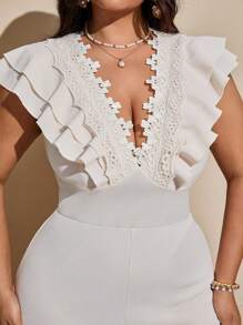 Viva Relle Plus Size Elegant Casual Ruffle Lace Trim Cap Sleeve Jumpsuit - Apricot - View 4