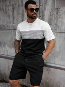 Manfinity Homme 2 sztuki/zestaw Plus Size Męski Kontrastowy Kolor Okrągły Dekolt Krótki Rękaw T-shirt I Szorty Swobodny Garnitur, Lato - Czarne i Białe - Zobacz 4