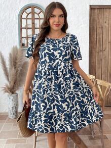 SHEIN LUNE Plus Size Summer Casual Allover Print Round Neck Ruffle Hem Dress Graduation Outfit,Sun Dresses For Women - Blue and White - View 6