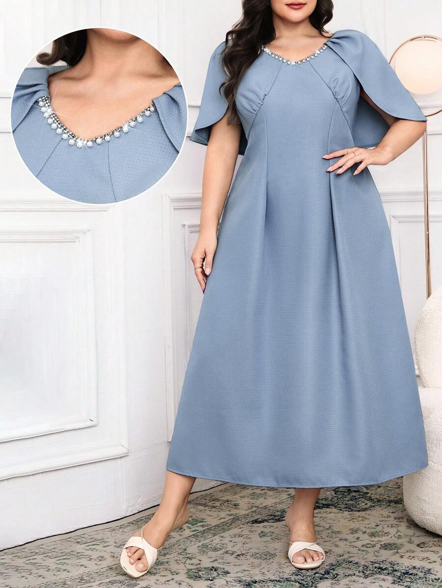 Modelyn 大码女式优雅珍珠装饰斗篷设计中长连衣裙 - 藍色 - 查看 1