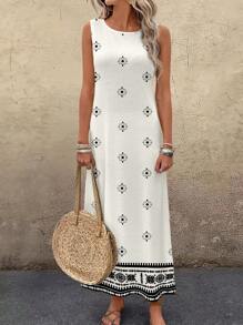 EMERY ROSE 女士复古纹理印花圆领休闲背心裙，女士夏季连衣裙