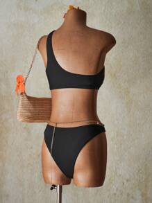 SHEIN ICON Women Black Tropical Beach Summer Beach Solid Color Ring Linked Bikini Bottom - Black - View 2