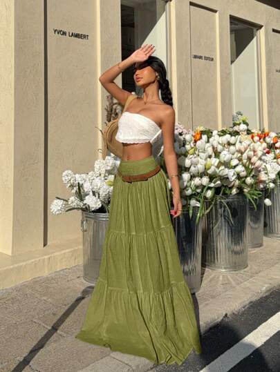 MainGRL Women's Solid Color Ruffle Hem Casual Vacation Skirt