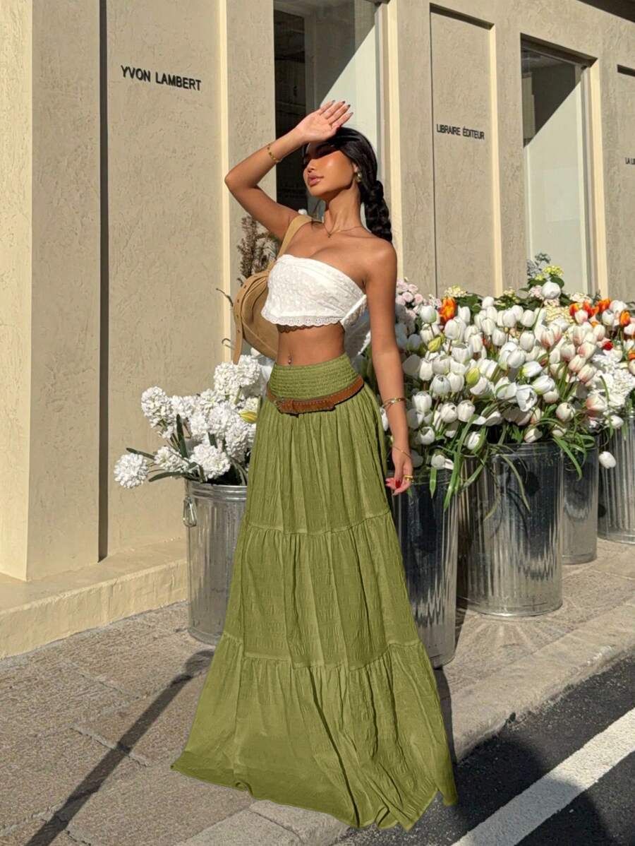 MainGRL Women's Solid Color Ruffle Hem Casual Vacation Skirt - Army Green - View 1