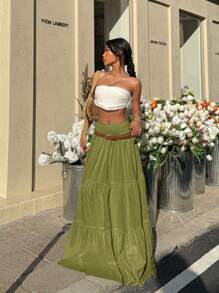 MainGRL Women's Solid Color Ruffle Hem Casual Vacation Skirt - Army Green - View 6