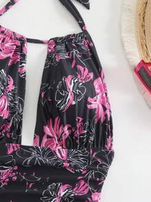 SHEIN Swim Floral Print Backless Halter One-Piece Swimsuit, Vacation Beach For Summer - Hot Pink - View 4