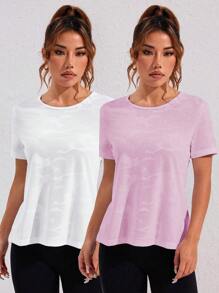 Easithlete 2 Pieces Women Sports Pullover Top With Jacquard Fabric & Mesh Patchwork Criss-Cross Back Design, Suitable For Spring/Summer Gym Shirts - Multicolor - View 2