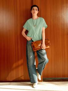 Uhlyne 女士假日沙滩休闲通勤场合穿着纯棉圆领薄荷绿收腰插肩袖T恤上衣商务休闲、工作服、办公室、教师女装 - 綠色 - 查看 8