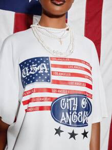 SUMWON WOMEN Los Angeles City Flag Inspired Oversized Graphic Tshirt American Theme USA 4th Of July Patriotic Summer Relaxed Fit Street Style Casual Wear - White - View 6