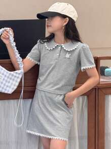 DAZY 2pcs/Set Tween Girls Polo Collar Puff Sleeve T-Shirt + Skirt Outfit For Autumn,Back To School Clothes - Grey - View 4