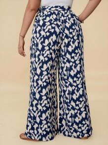 Travachic Plus Allover Print Belted Wide Leg Summer Pants - Navy Blue - View 2
