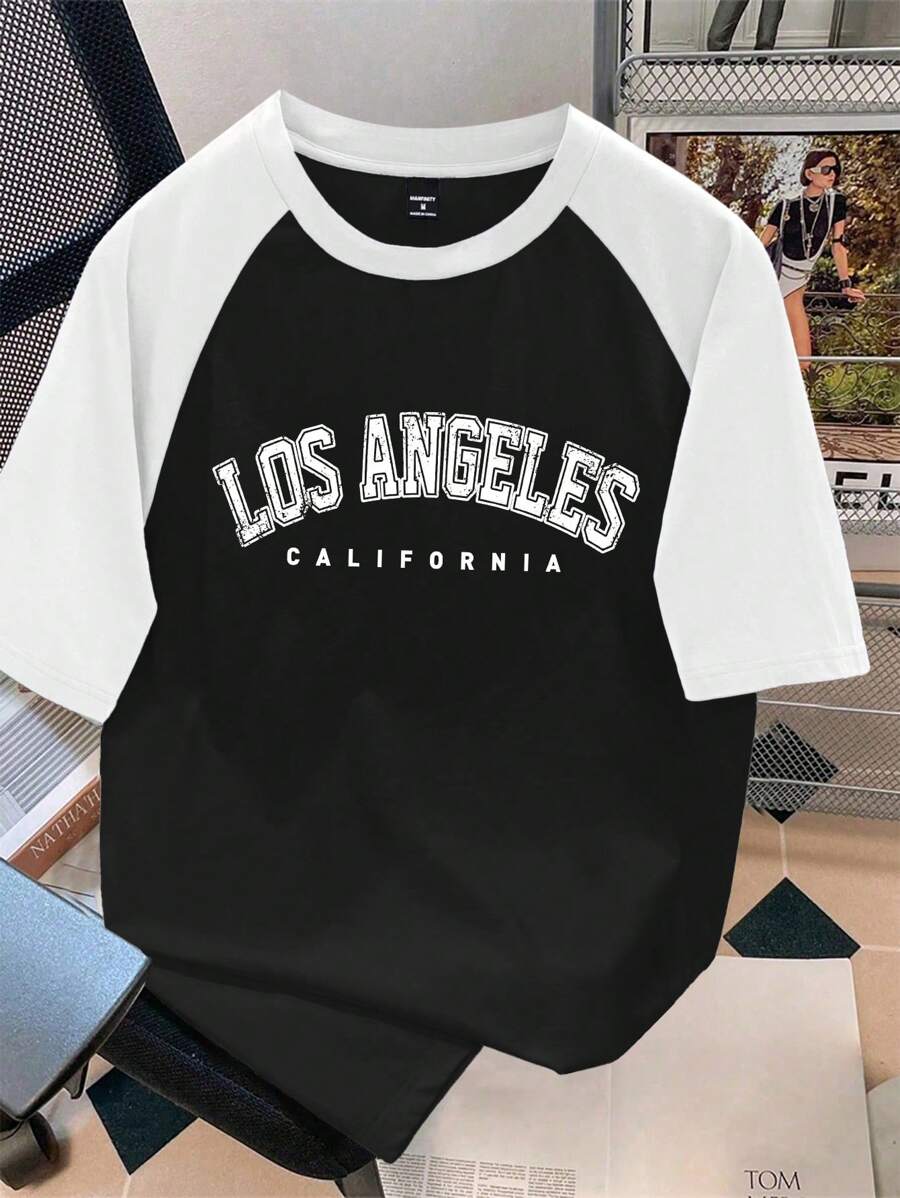 Manfinity Joysei Men's Standard Size Black & White Contrast Raglan T-Shirt With Letter Graphic - Black and White - View 1