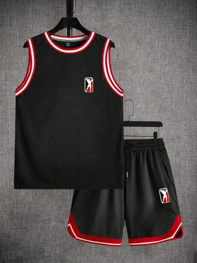 Manfinity ZONE917 黑色标签男士健身徽章图案运动背心套装，撞色罗纹设计，适合户外、健身房、运动