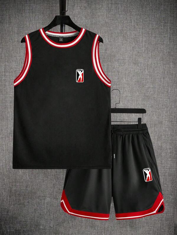 Manfinity ZONE917 黑色标签男士健身徽章图案运动背心套装，撞色罗纹设计，适合户外、健身房、运动